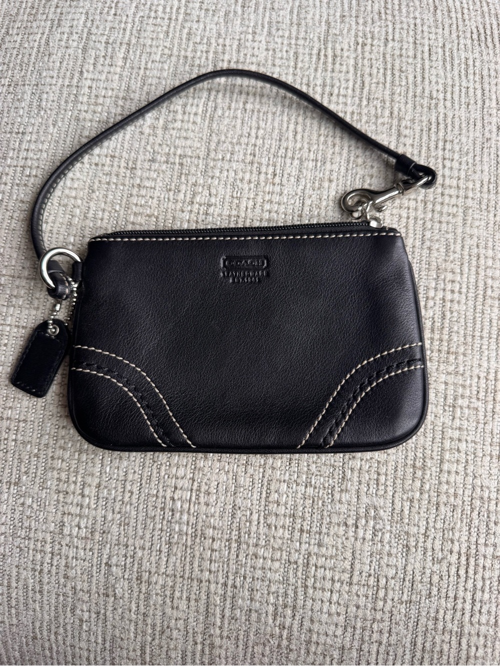 Coach Black Leather Wristlet with Contrast Stitching